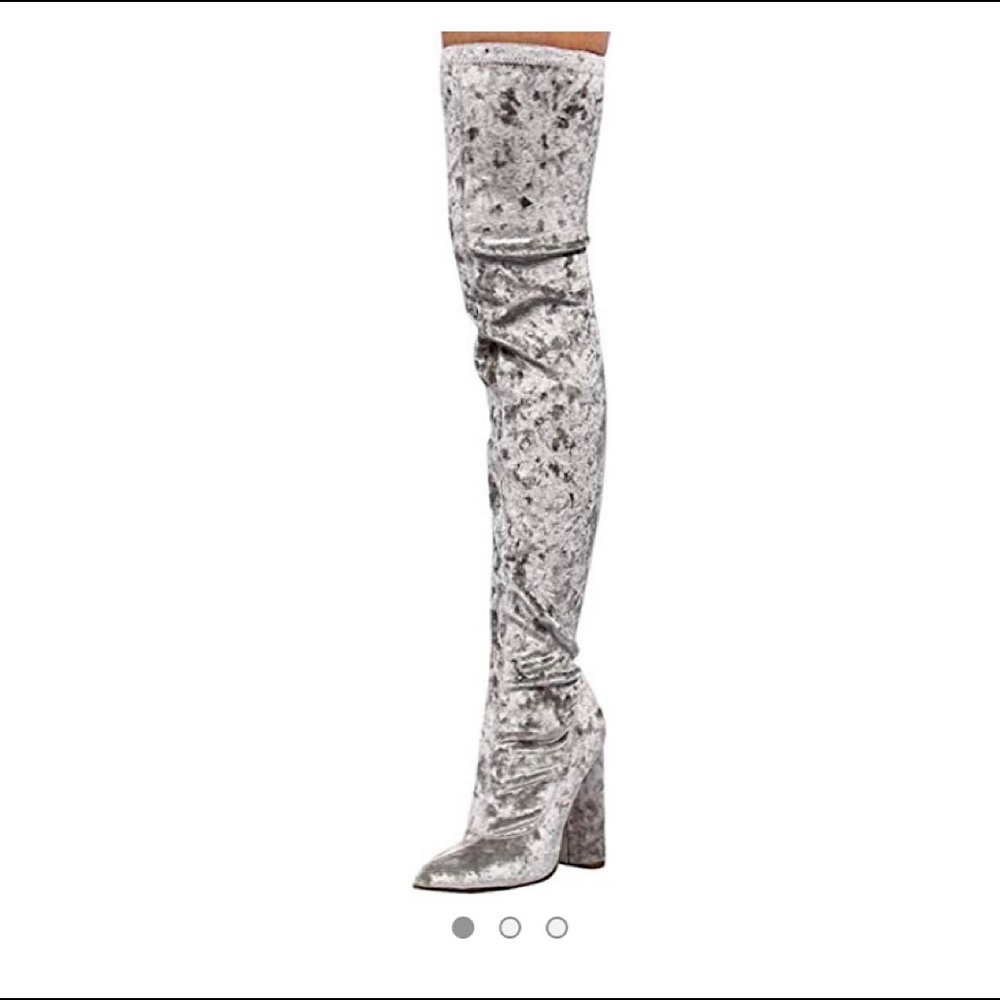 Velvet thigh high boots in silver